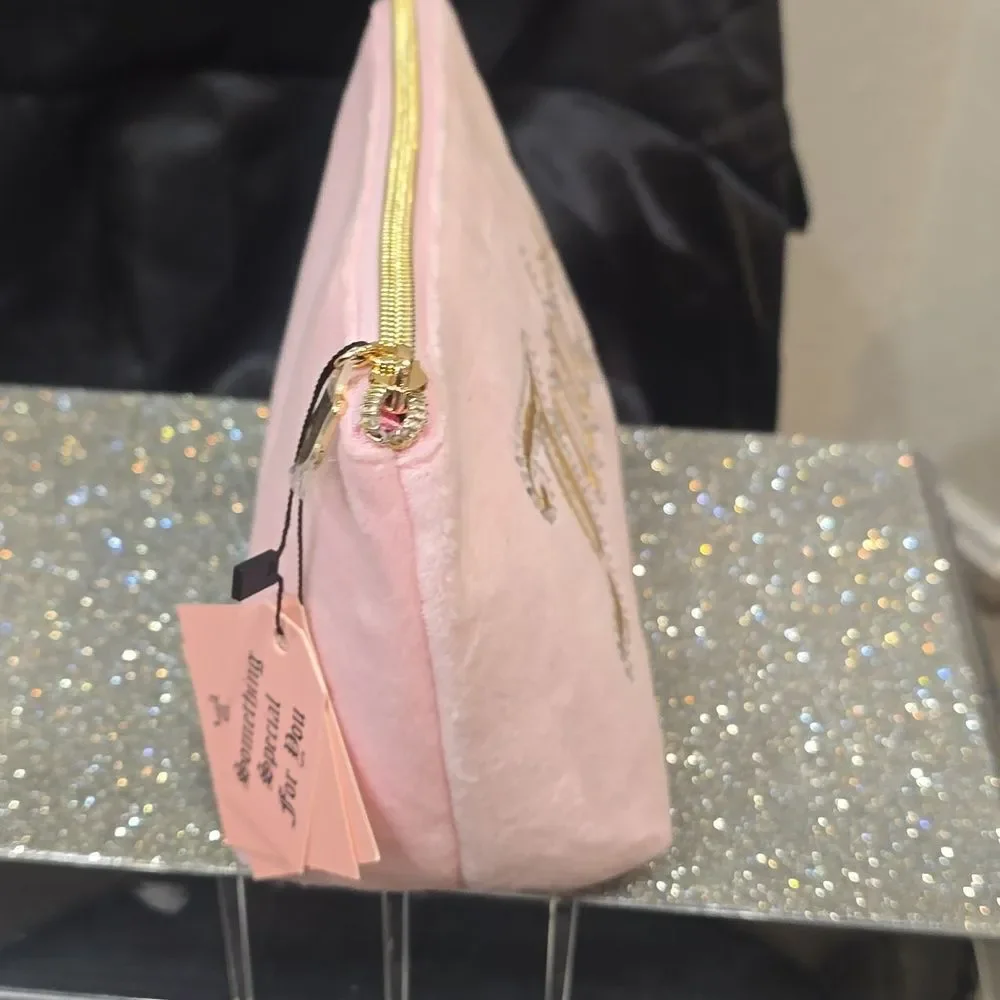 Juicy Couture Gold Signature Logo‎ Embossed Rhinestone Velour Cosmetic Pouch